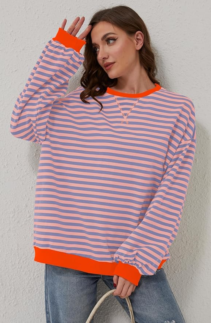 Variant image for Women’s Oversized Sweater Casual Loose Fit with Playful Stripes - Joyful-21