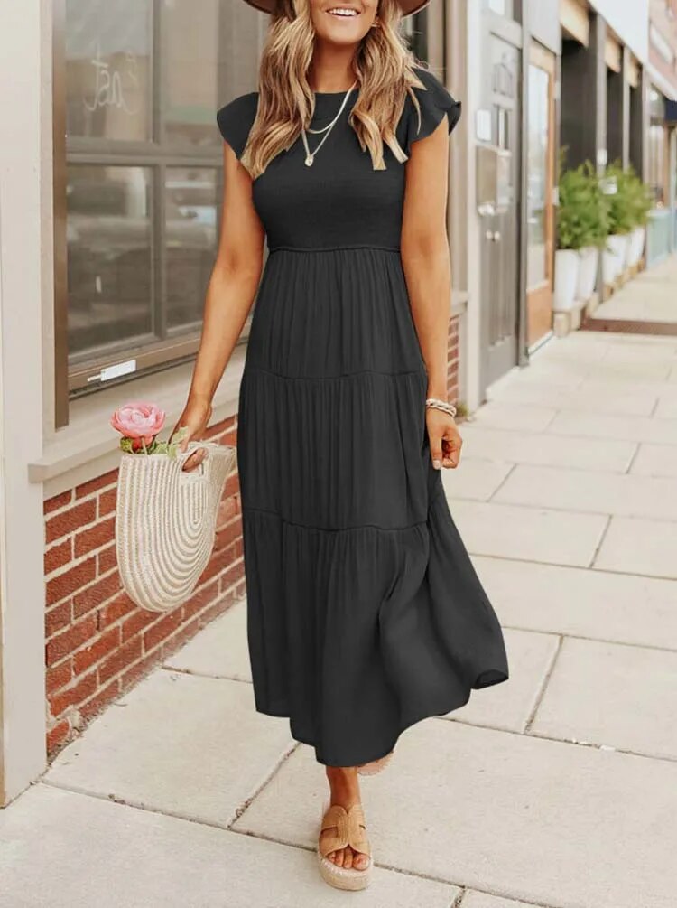 Variant image for Women’s White Maxi Dress Gathered Bust Design with Butterfly Sleeves - Leana-13