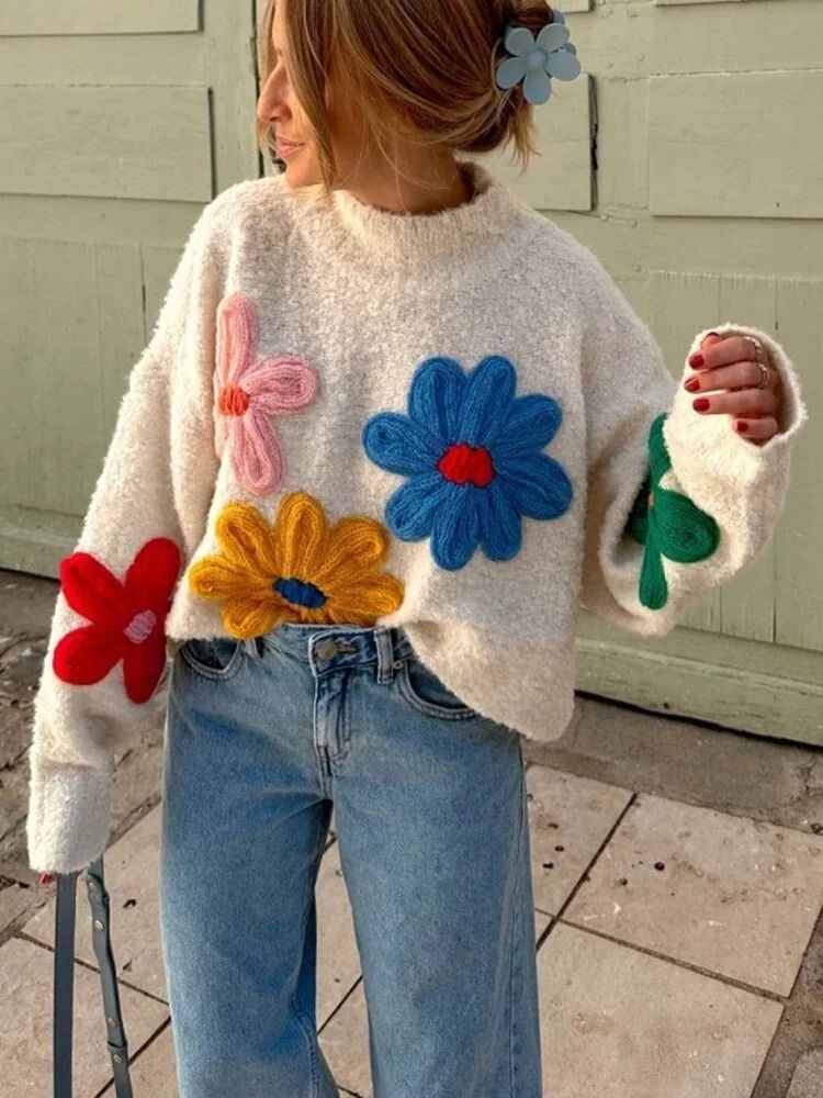 Women’s Colorful Floral Knitted Turtleneck Jumper - Solange