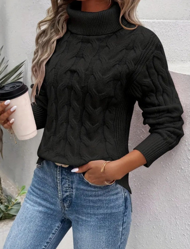 Women’s Elegant Cable Knit Turtleneck Sweater - Sidania