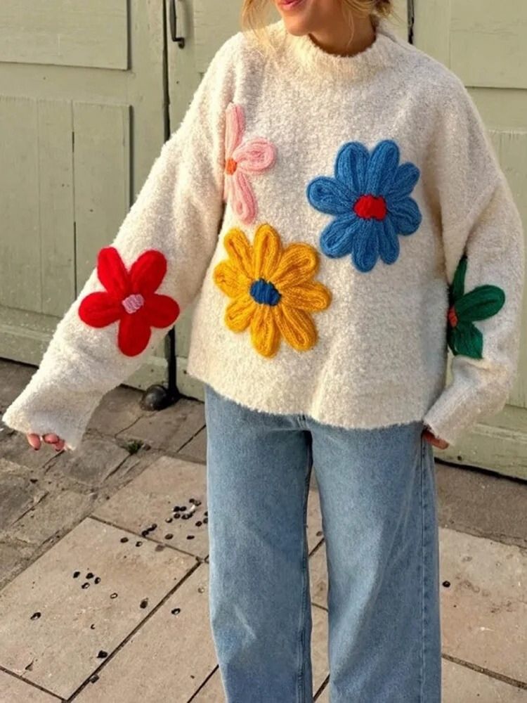 Women’s Colorful Floral Knitted Turtleneck Jumper - Solange