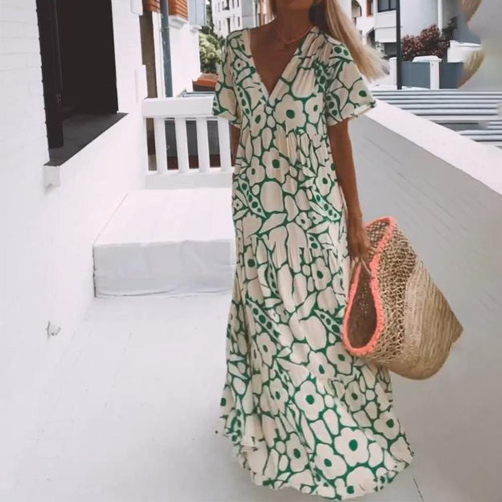 Women’s Chic V-Neck Printed Summer Maxi Dress - Ava