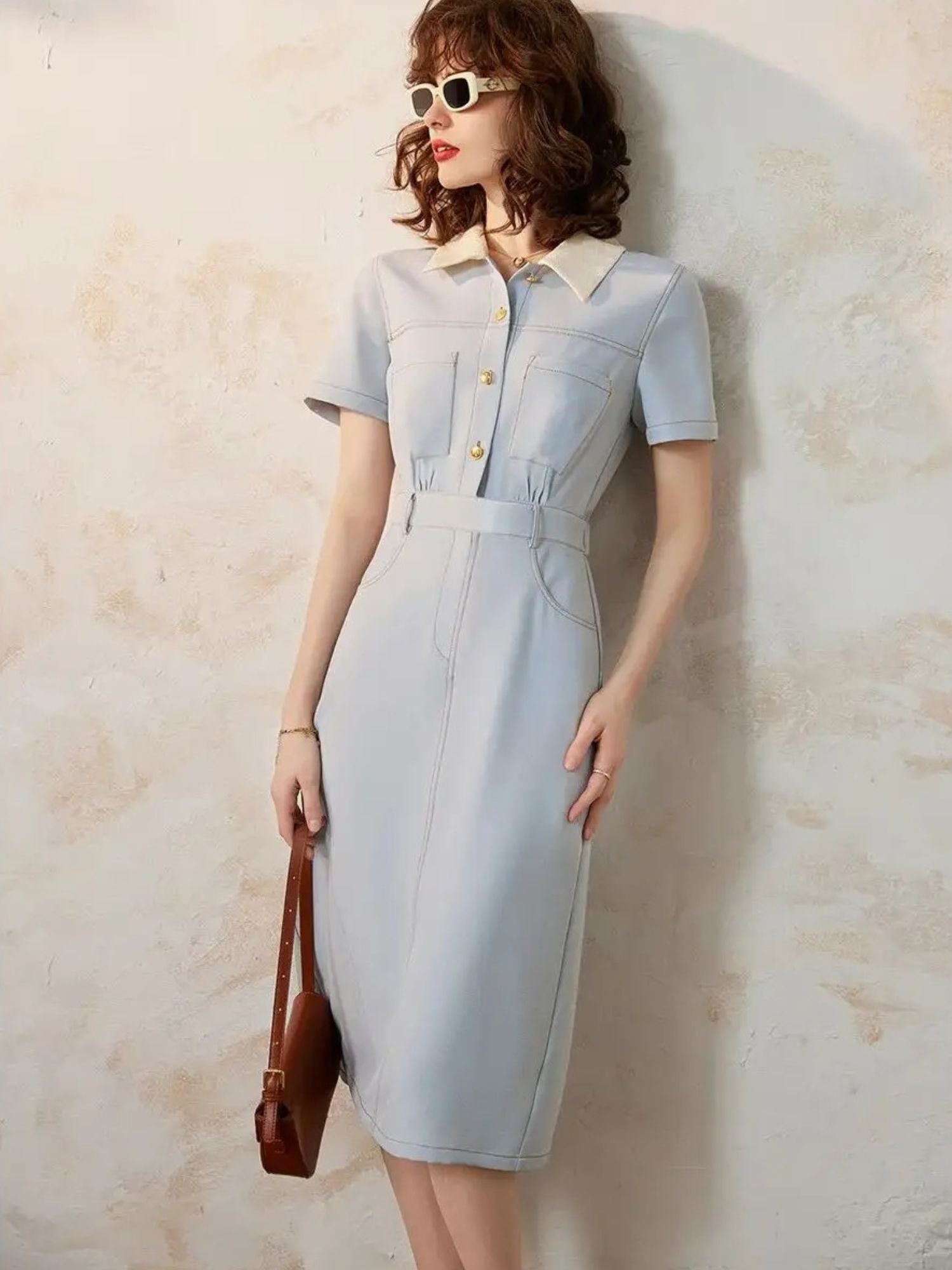 A-Line Shirt Dress with Turn-Down Collar - Celine