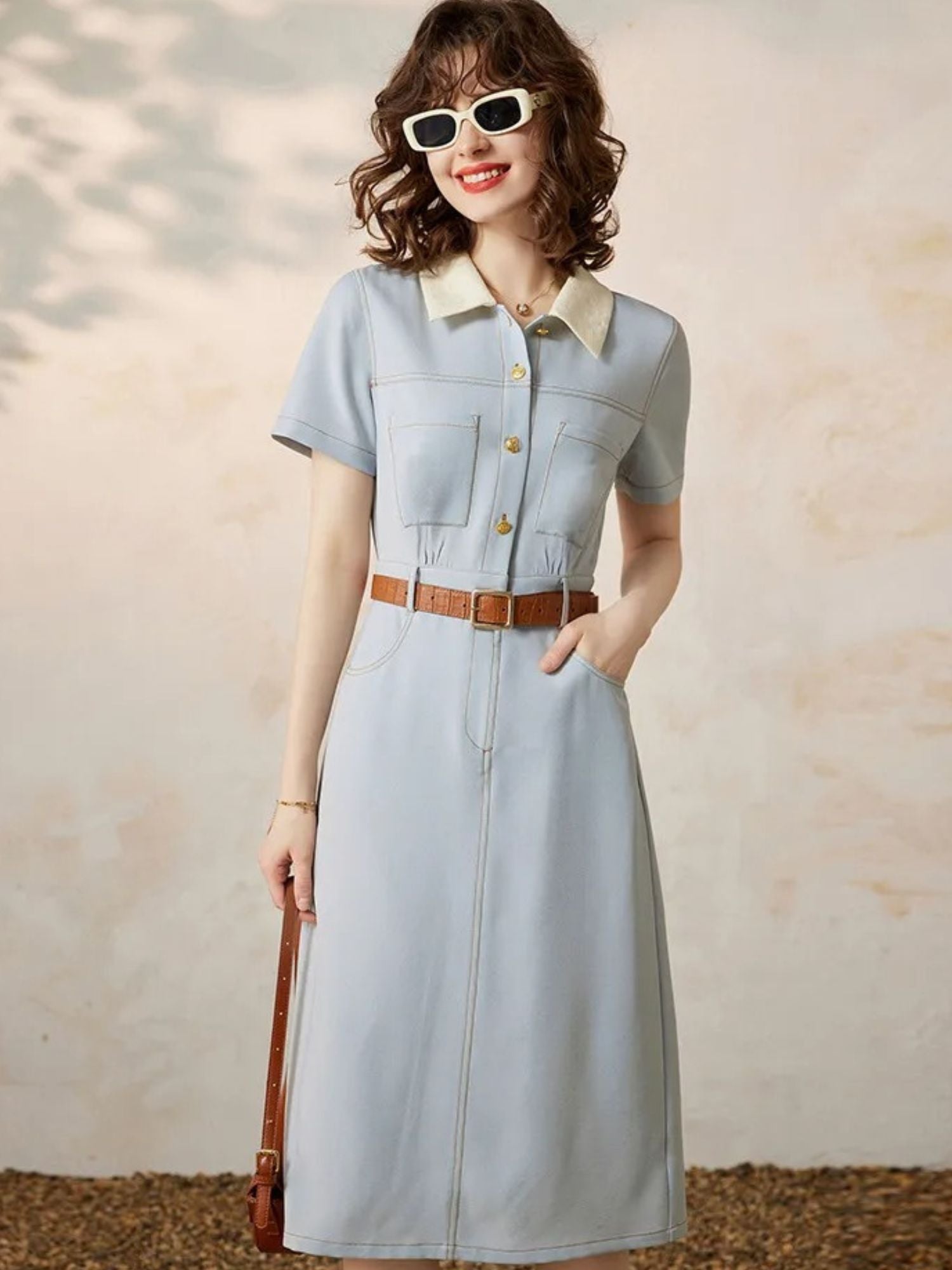 A-Line Shirt Dress with Turn-Down Collar - Celine