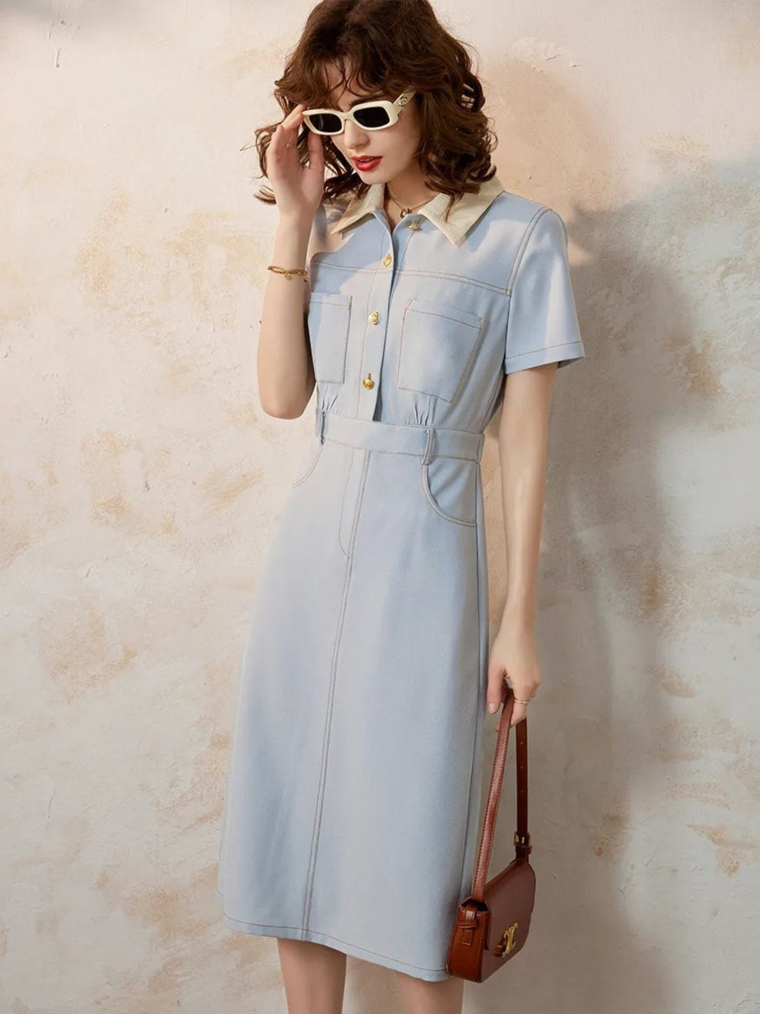 A-Line Shirt Dress with Turn-Down Collar - Celine