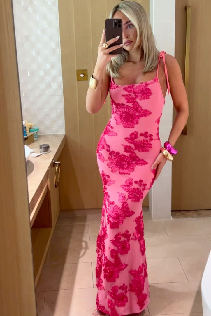 Women’s Embroidered Adjustable Shoulder Tie Maxi Dress - Charlotte