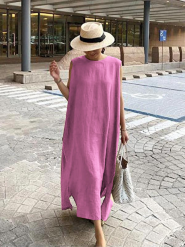 Bohemian O Neck Side Open Linen Cotton Clothes Fabrics Dress - Ophelia