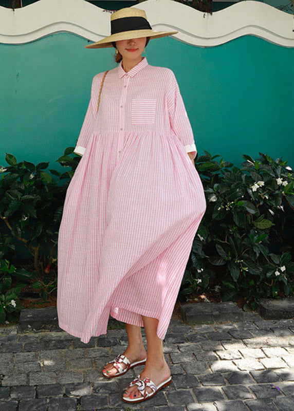 Bohemian Peter Pan Collar Striped Button Pockets Wrinkled Long Dresses Half Sleeve - Piper