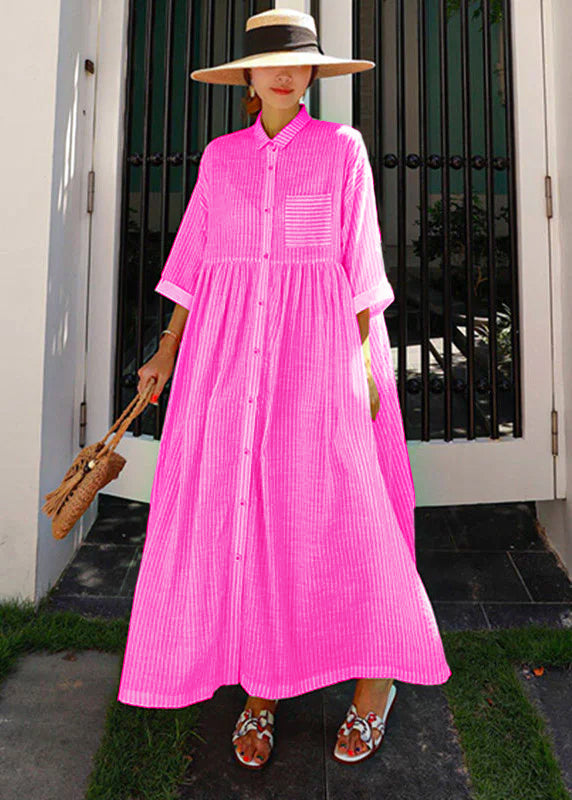 Bohemian Peter Pan Collar Striped Button Pockets Wrinkled Long Dresses Half Sleeve - Piper
