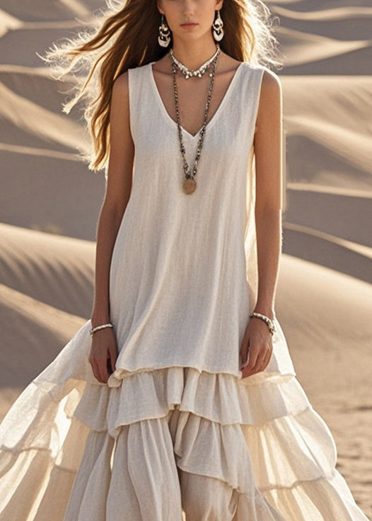 White Exra Large Hem Cotton Maxi Dress Sleeveless - Yara