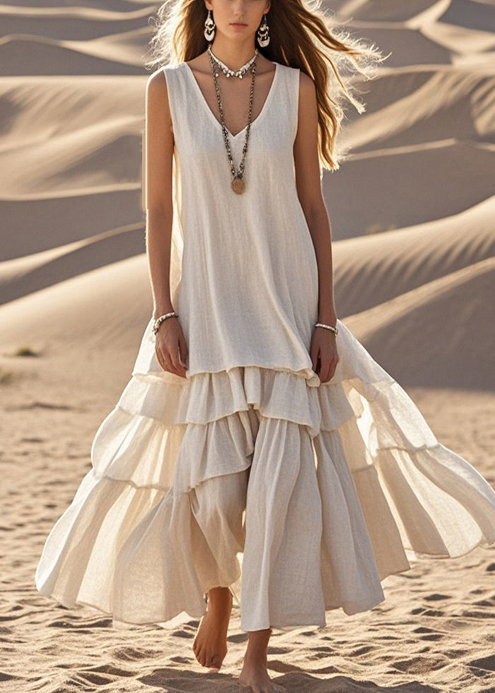 White Exra Large Hem Cotton Maxi Dress Sleeveless - Yara