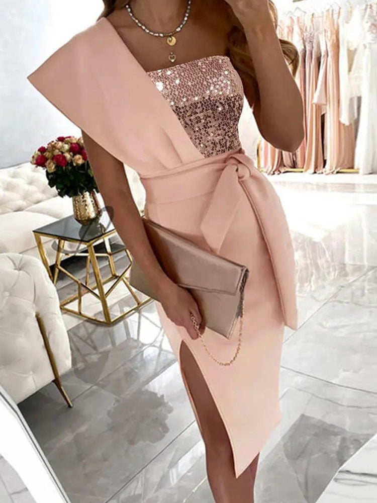 Elegant One-Shoulder Evening Dress with Slit for Women - Nova