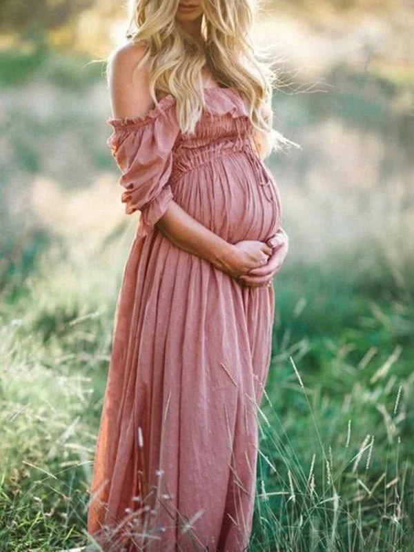Flowy Off-Shoulder Maxi Maternity Dress - Olive