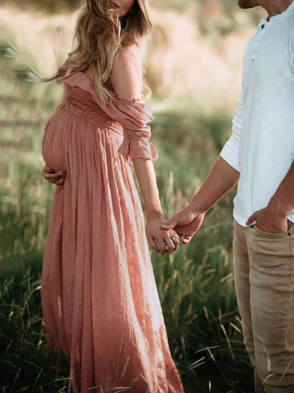 Flowy Off-Shoulder Maxi Maternity Dress - Olive