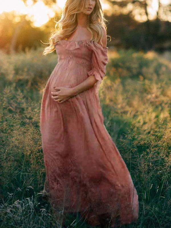 Flowy Off-Shoulder Maxi Maternity Dress - Olive