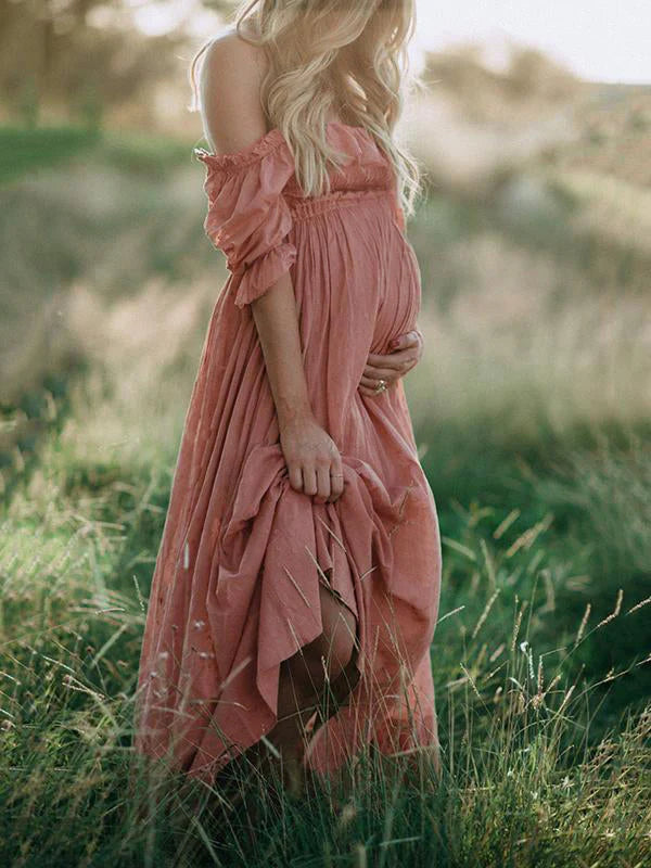 Flowy Off-Shoulder Maxi Maternity Dress - Olive
