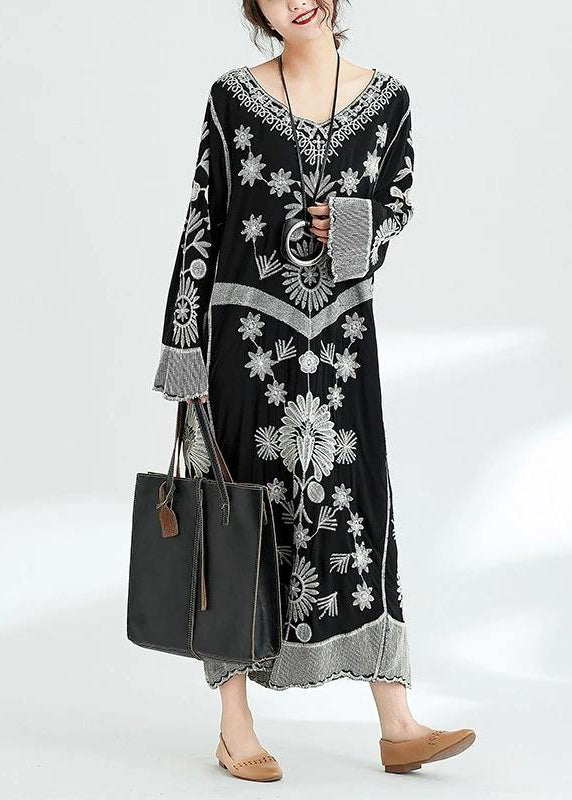 French black print v neck baggy chiffon robes spring Dresses - Stella