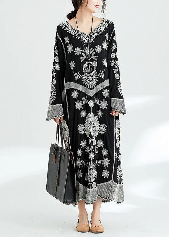 French black print v neck baggy chiffon robes spring Dresses - Stella