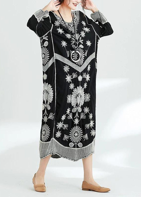 French black print v neck baggy chiffon robes spring Dresses - Stella