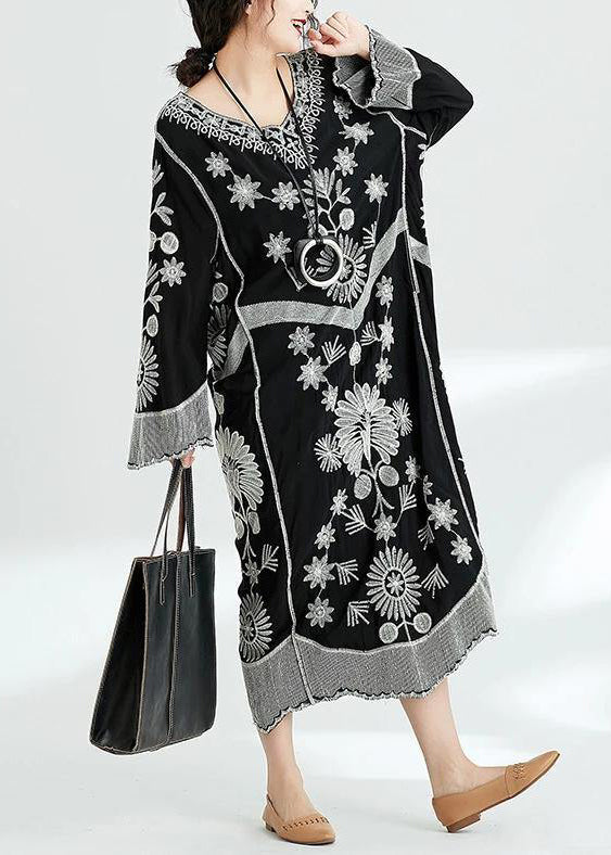 French black print v neck baggy chiffon robes spring Dresses - Stella