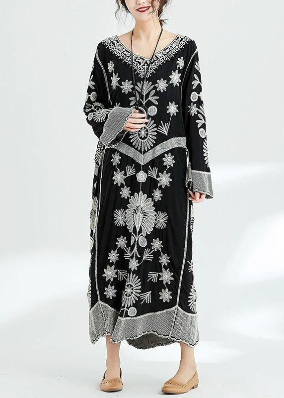 French black print v neck baggy chiffon robes spring Dresses - Stella