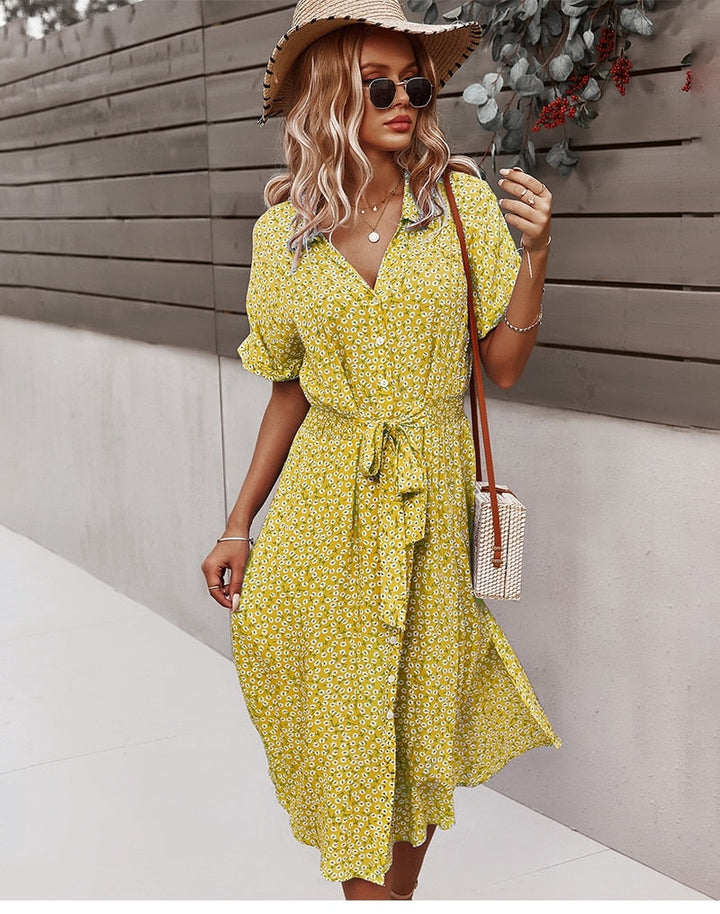Women’s Button Front Belted Waist Summer Midi Dress  - Svea