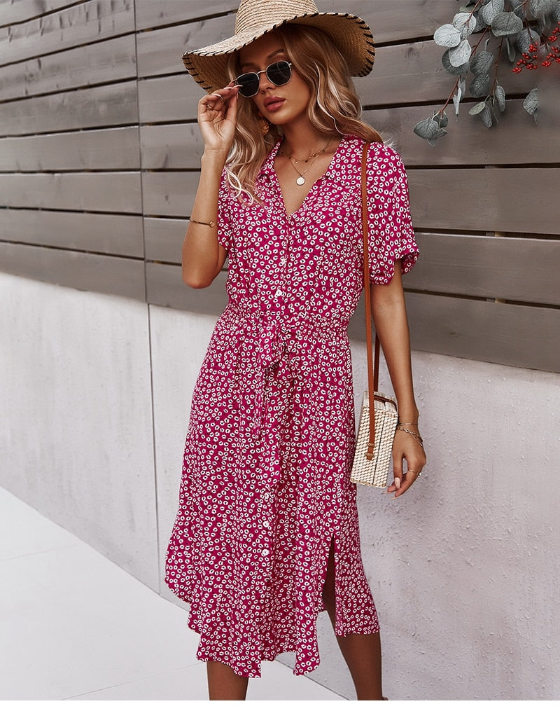 Women’s Button Front Belted Waist Summer Midi Dress  - Svea