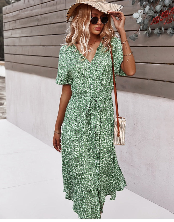 Women’s Button Front Belted Waist Summer Midi Dress  - Svea