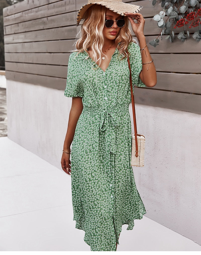 Women’s Button Front Belted Waist Summer Midi Dress  - Svea