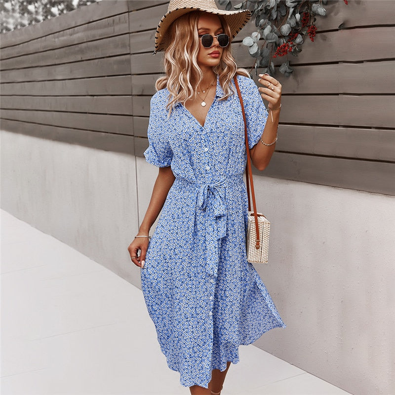Women’s Button Front Belted Waist Summer Midi Dress  - Svea