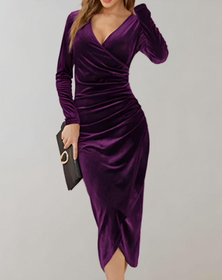 Women's V-Neck Long Sleeve Cocktail Midi Dress - Bella
