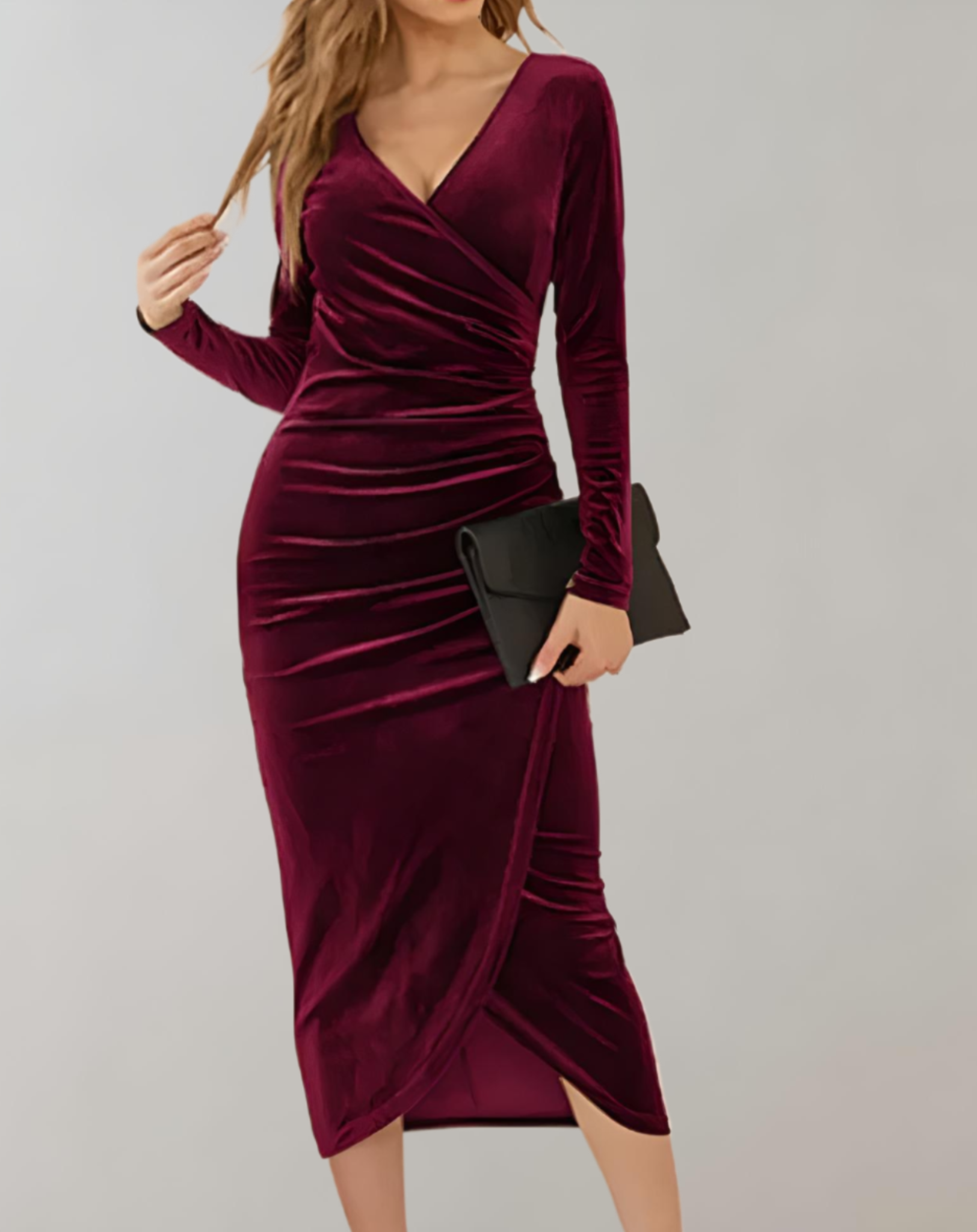 Women's V-Neck Long Sleeve Cocktail Midi Dress - Bella