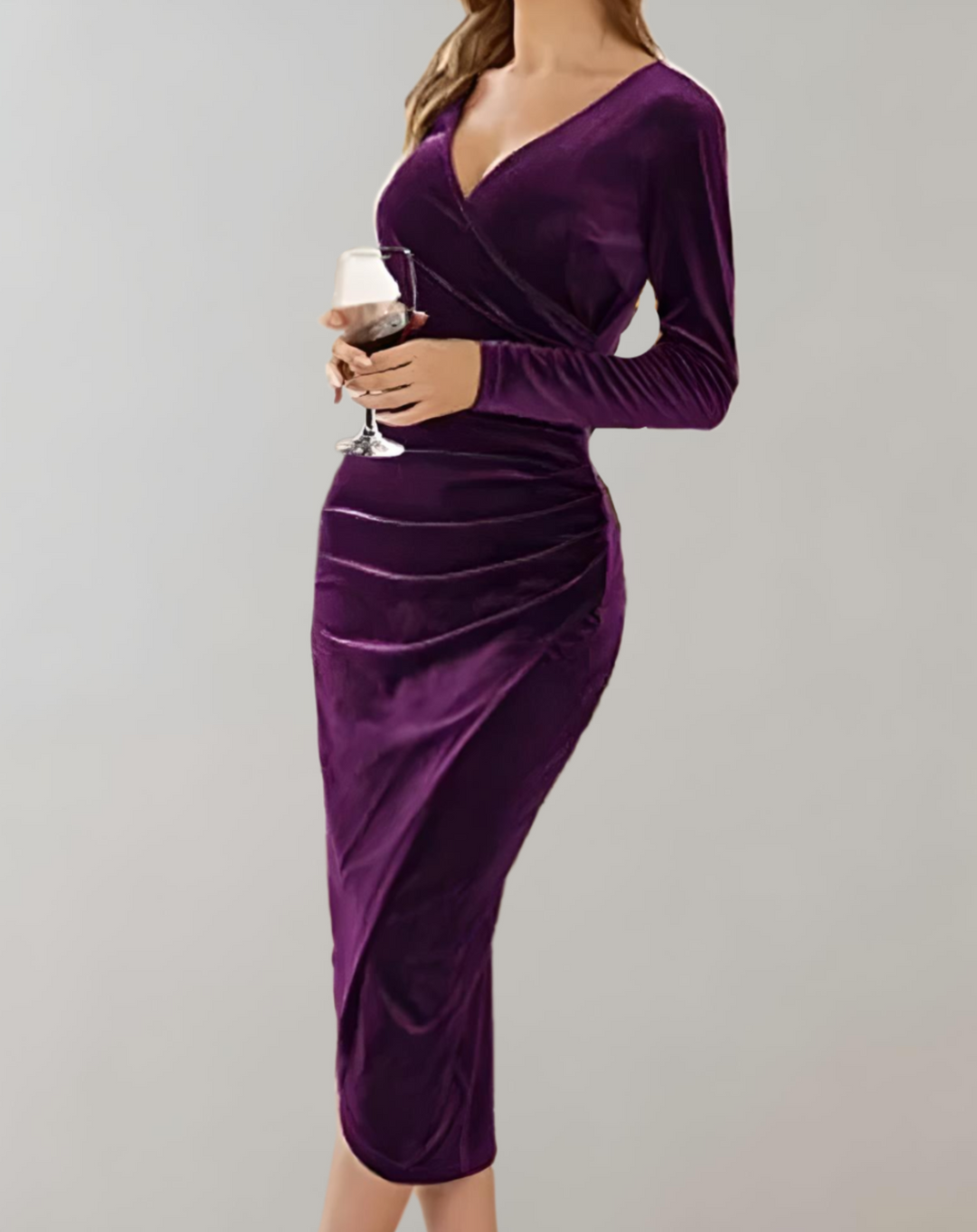 Women's V-Neck Long Sleeve Cocktail Midi Dress - Bella