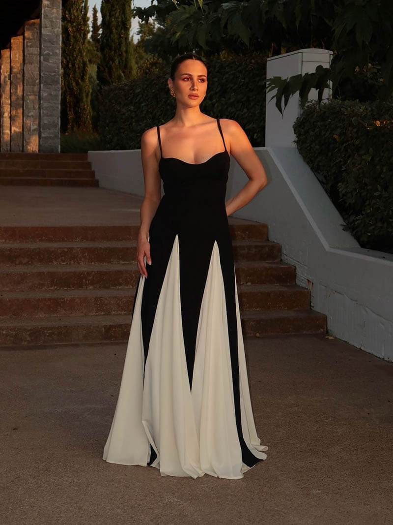 Women’s Asymmetric Black & White Eveningwear Maxi Dress - Genevieve