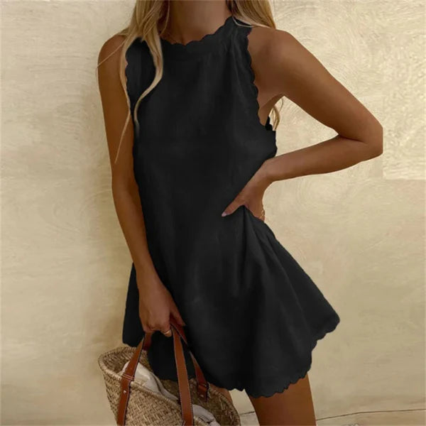 Linen Dress with Red Cotton O-Neck | Comfortable & Stylish - Jolie