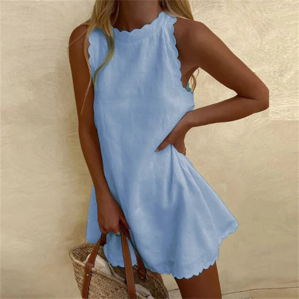 Linen Dress with Red Cotton O-Neck | Comfortable & Stylish - Jolie
