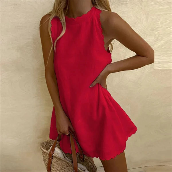 Linen Dress with Red Cotton O-Neck | Comfortable & Stylish - Jolie