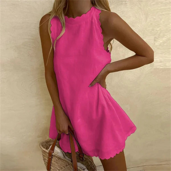Linen Dress with Red Cotton O-Neck | Comfortable & Stylish - Jolie