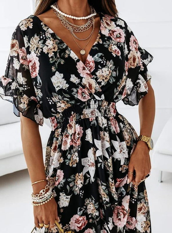 Women’s Floral V-Neck Summer Midi Dress - Saskia