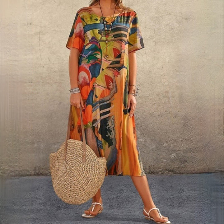 Women Abstract Print Elegant Boho Style Midi Summer Dress - Uma-1