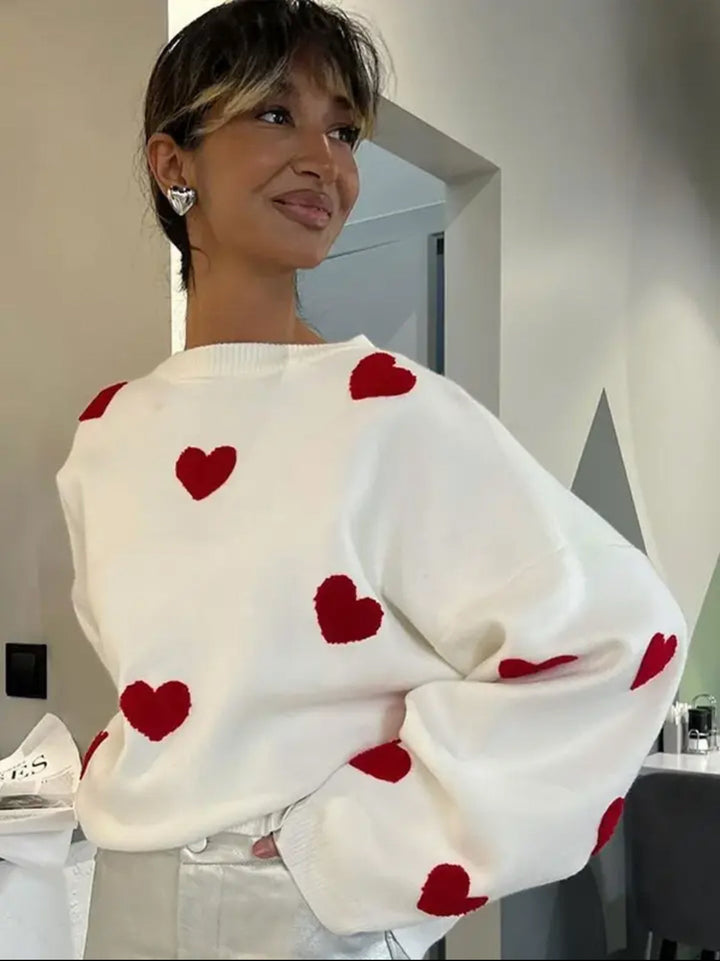 Women’s Cozy Oversized Heart Print Sweater - Nora