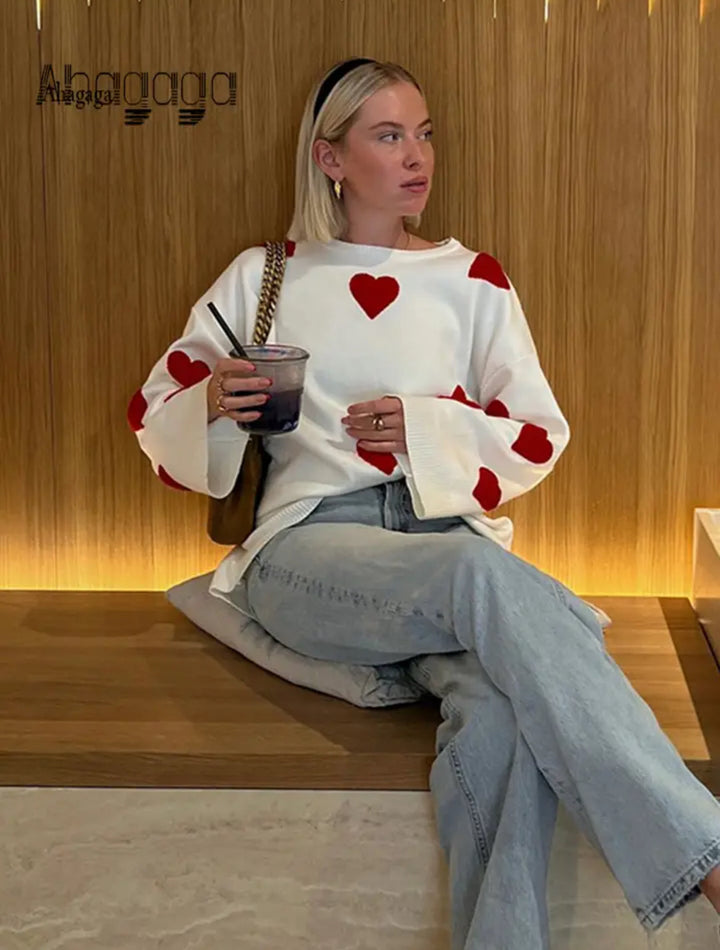 Women’s Cozy Oversized Heart Print Sweater - Nora