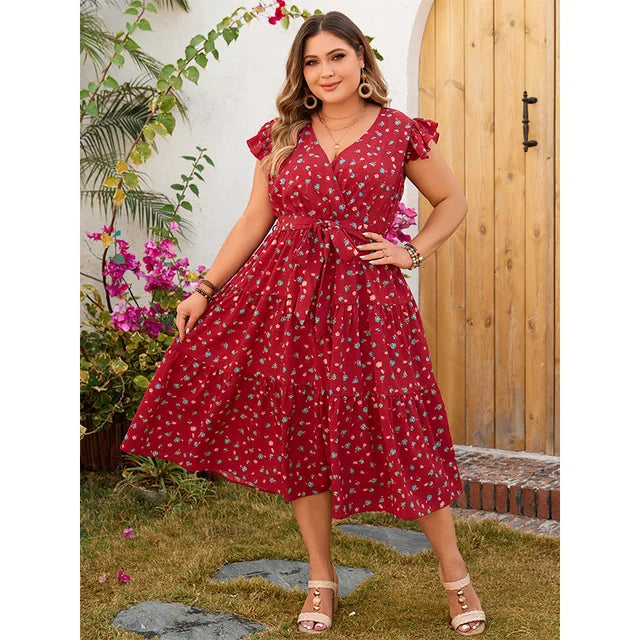 Women’s Plus Size V-Neck Summer Midi Dress - Salome