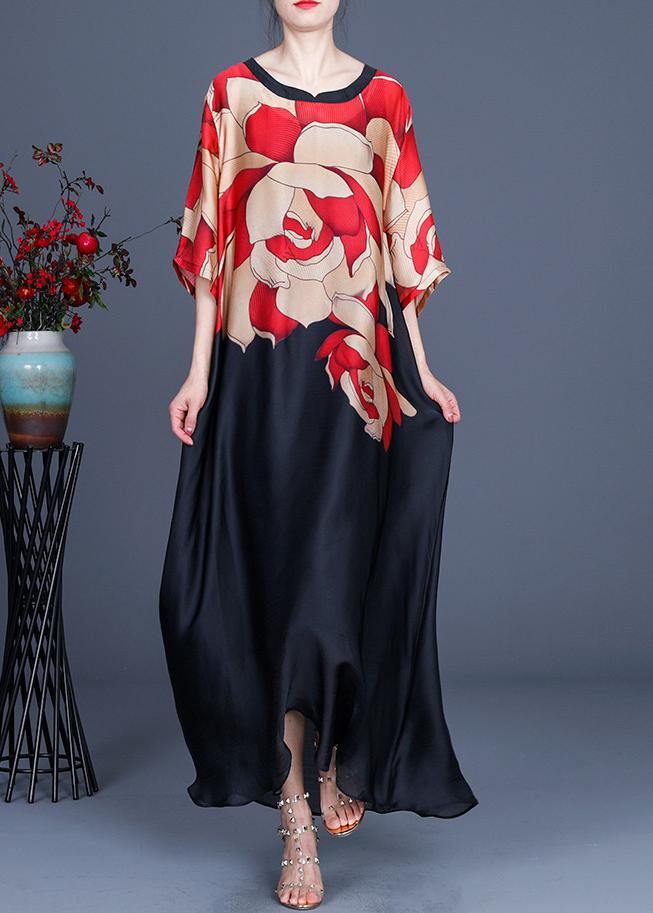 Plus Size Red Print O-Neck Chiffon Summer Dress - Wren