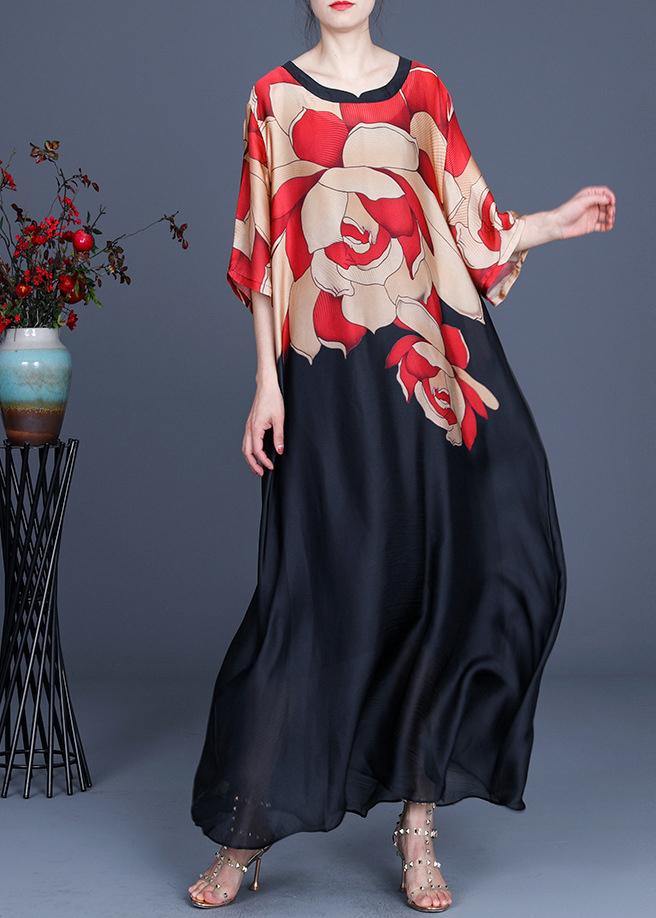 Plus Size Red Print O-Neck Chiffon Summer Dress - Wren