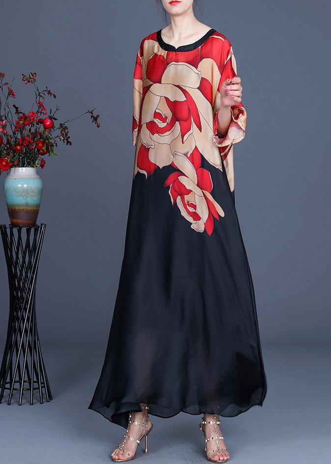 Plus Size Red Print O-Neck Chiffon Summer Dress - Wren