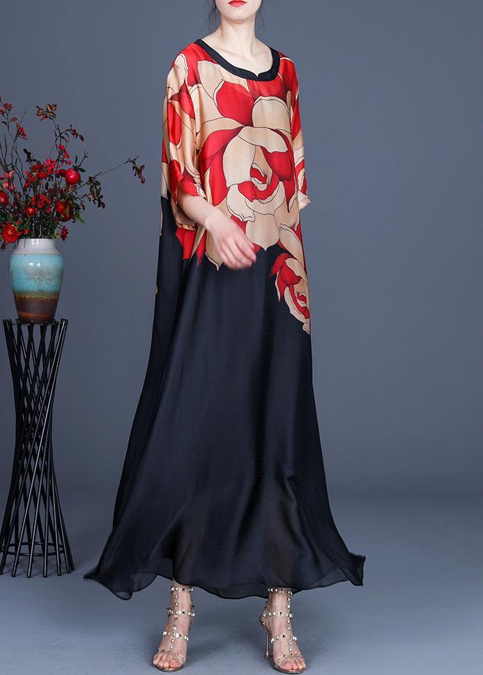 Plus Size Red Print O-Neck Chiffon Summer Dress - Wren