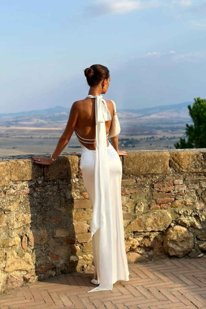 Women’s Elegant Pearl-Accented Halter Maxi Dress - Eden