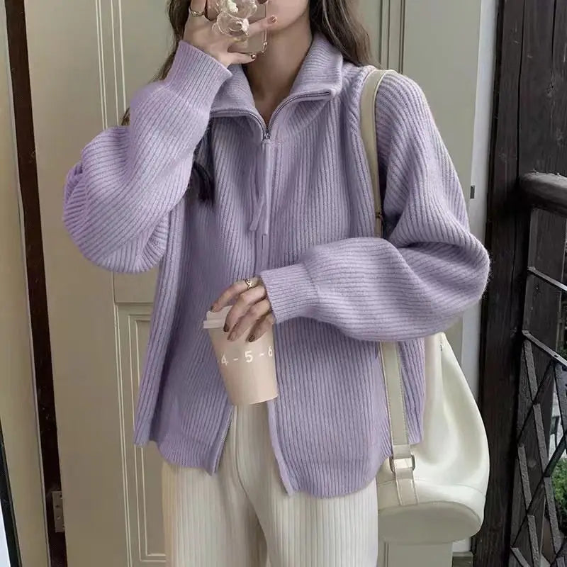 Women's Cozy Knitted Zippered Cardigan - Halsey
