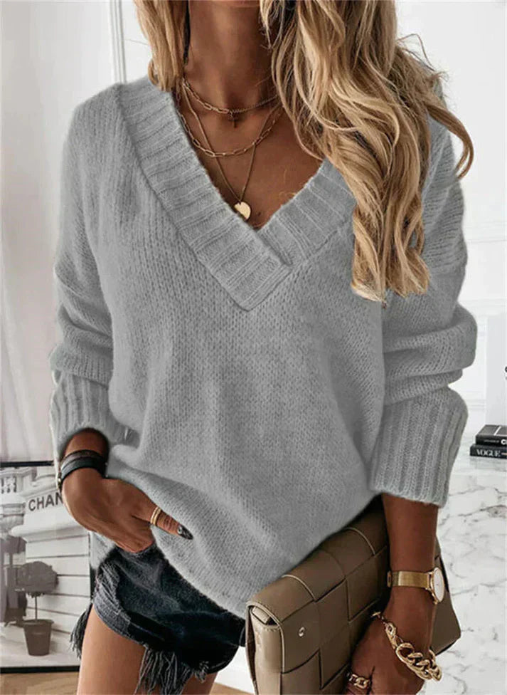 Women's Casual V-Neck Knitted Jumper - Jacinth